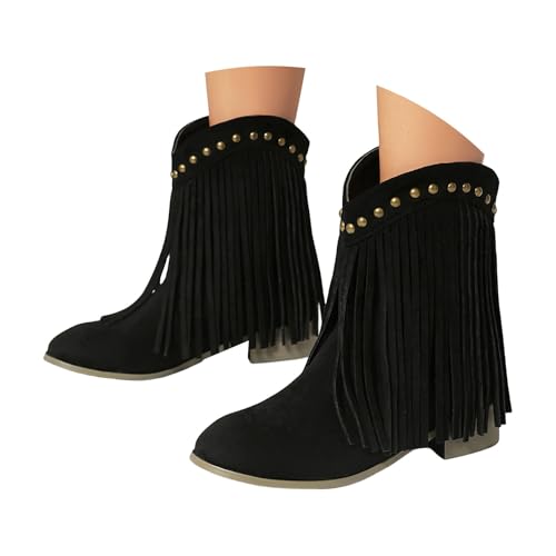 FGUUTYM Damen Vintage Fransen Westernstiefel Stiefelette Mit Blockabsatz Schlupfstiefel Klassischer Cowboy-Stiefel Ankle Boots Halbhohe Damenstiefel Mittelalterliche Stiefel Übergangsstiefel von FGUUTYM