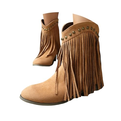 FGUUTYM Damen Vintage Fransen Westernstiefel Stiefelette Mit Blockabsatz Schlupfstiefel Klassischer Cowboy-Stiefel Ankle Boots Halbhohe Damenstiefel Mittelalterliche Stiefel Übergangsstiefel von FGUUTYM