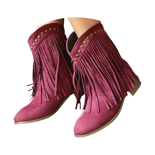 FGUUTYM Damen Vintage Fransen Westernstiefel Stiefelette Mit Blockabsatz Schlupfstiefel Klassischer Cowboy-Stiefel Ankle Boots Halbhohe Damenstiefel Mittelalterliche Stiefel Übergangsstiefel von FGUUTYM