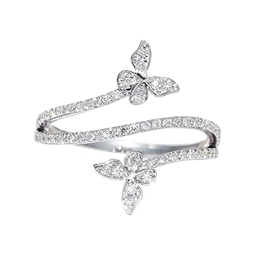 FGUUTYM Doppelter Schmetterlingsring Silber Zirkon Hochzeit Verlobungsring Geschenk Schmuck Für Frauen Schmetterlingsform Strass Ring Größe 6 10 Gänse Ringe (Silver, 10) von FGUUTYM