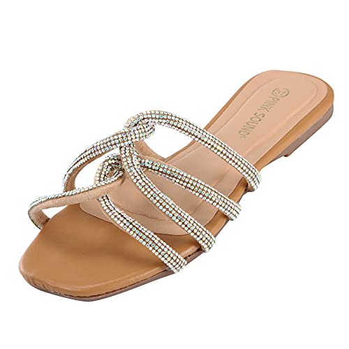 FGUUTYM Frauen Slip beiläufige Hausschuhe Schuhe Quadrat Glas auf Sommer Frauen flache Zehen Damenschuh Sommer Schuhe Damen (Khaki, 40) von FGUUTYM