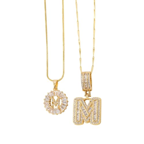 FGUUTYM Halskette mit 26 Buchstaben-Anhänger für Damen, Kupfer, rund, Blumen-Buchstaben-Set, 2 Stück Ketten Schrauben (M, A) von FGUUTYM