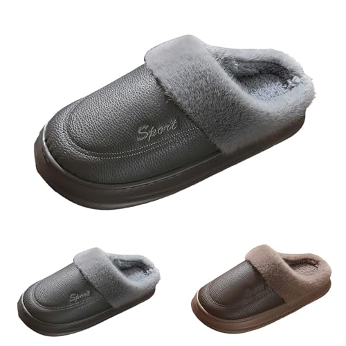 FGUUTYM Hausschuhe Mit Fussbett Herren Gefüttert Plüsch Baumwolle Pantoffeln Runde Zehe Slip-on Home Slippers PU Drinnen Schlappen Rutschfest Outdoor/Indoor Filzpantoffeln Winter Warme Pantoletten von FGUUTYM
