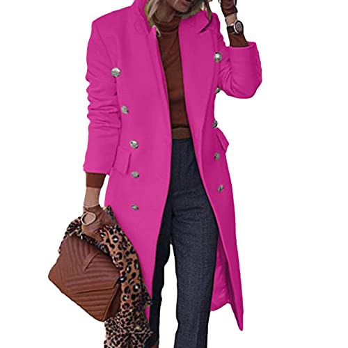 FGUUTYM Herbstmantel Damen Elegant Trenchcoat Langer Herbst Winter Mantel Outwear Warm Slim Langer Jacken Overcoat Oberbekleidung Mode Einfarbig Revers Mode Rosa Damenmantel Wollmantel Windjacke von FGUUTYM