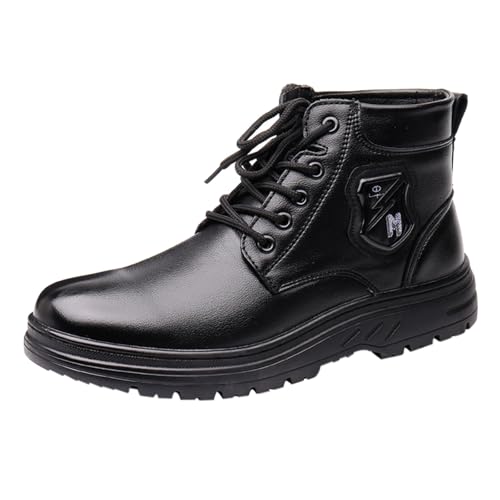 FGUUTYM Kurzstiefel Slip On Herren High-Top Stiefeletten Warme Schnürstiefel Dicker Sohle Lederschuhe Einfarbig Freizeitschuhe Dämpfung Halbhoch Stiefel Outdoor Running Casual Wanderstiefer von FGUUTYM