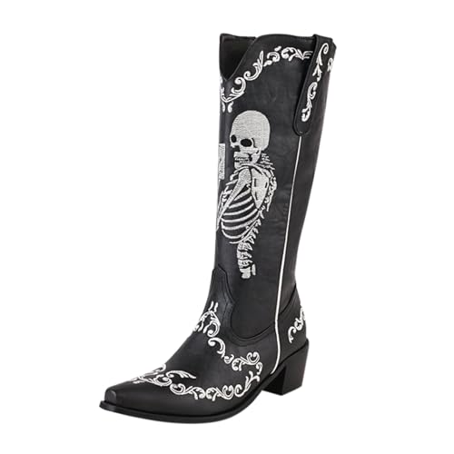 FGUUTYM Langschaft Stiefel Damen Cowboystiefel Westernstiefel Spitzer Zehenbereich Cowboy Stiefel Retro Reißverschluß Blockabsatz Winter Herbst Übergangsstiefel Stiefel Westernstiefel Cowboyboots von FGUUTYM