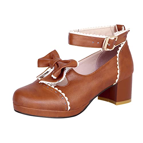 FGUUTYM Mary Jane Halbschuhe Mit Hohem Absatz Mädchen Damen Süße Und Elegant Prinzessin Schuhe Kleiderschuhe Spitze Schleife Perle Erdbeere Niedliche Abendschuhe Hochzeitsschuhe Festliche Party von FGUUTYM