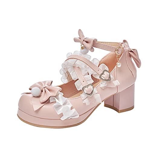 FGUUTYM Mary Jane Halbschuhe Mit Hohem Absatz Mädchen Damen Süße Und Elegant Prinzessin Schuhe Kleiderschuhe Spitze Schleife Perle Erdbeere Niedliche Abendschuhe Hochzeitsschuhe Festliche Party von FGUUTYM