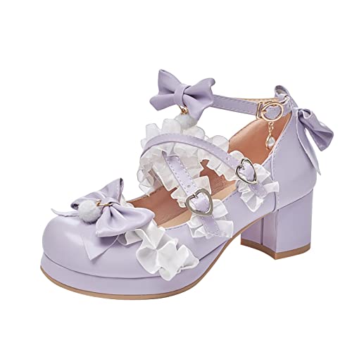 FGUUTYM Mary Jane Halbschuhe Mit Hohem Absatz Mädchen Damen Süße Und Elegant Prinzessin Schuhe Kleiderschuhe Spitze Schleife Perle Erdbeere Niedliche Abendschuhe Hochzeitsschuhe Festliche Party von FGUUTYM