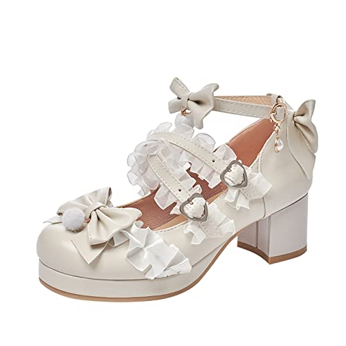 FGUUTYM Mary Jane Halbschuhe Mit Hohem Absatz Mädchen Damen Süße Und Elegant Prinzessin Schuhe Kleiderschuhe Spitze Schleife Perle Erdbeere Niedliche Abendschuhe Hochzeitsschuhe Festliche Party von FGUUTYM