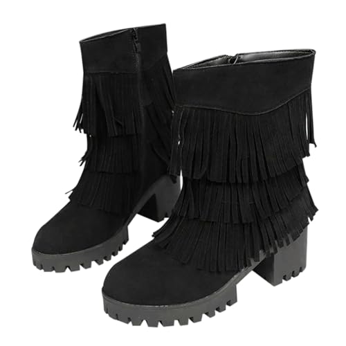 FGUUTYM Modische Stiefeletten Für den stylische Sohle Damen Ankle Boots Mit Quasten Komfortable Quadratischer Absatz Halbstiefel Schlupfschuhe Vielseitige Elegante Fußbekleidung Für den Alltag von FGUUTYM