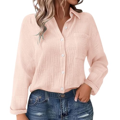 FGUUTYM Musselin Bluse Damen Elegant Langarm Leinenbluse Longbluse V-Ausschnitt Button-Down Leinenhemd Oversized Hemdbluse Einfarbig Lange blusen Leinen Hemd Sommer Tuniken Damenblusen Longshirt von FGUUTYM