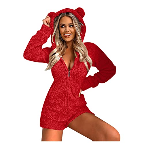 FGUUTYM Onesie Damen Bär Fleece Jumpsuit Kurze Süße Einteiler Overall Warme Tier Pyjama Plüsch Schlafanzug Flauschig Weich Hausanzug Schlafoverall Mit Kapuze Reißverschluss Homewear Sportanzug Set von FGUUTYM