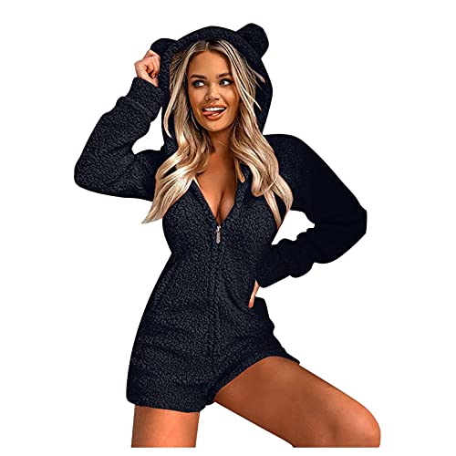 FGUUTYM Onesie Damen Bär Fleece Jumpsuit Kurze Süße Einteiler Overall Warme Tier Pyjama Plüsch Schlafanzug Flauschig Weich Hausanzug Schlafoverall Mit Kapuze Reißverschluss Homewear Sportanzug Set von FGUUTYM