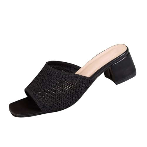 FGUUTYM Pantoletten Damen Mit Mittelhoher Absatz Offener Zehenpartie Hausschuhe Mit Fußbett Sommer Slip On Slipper Sommerschuhe Leichte High Heels Slides Gestrickt Bequem Schlappen Schuhe Sandalette von FGUUTYM
