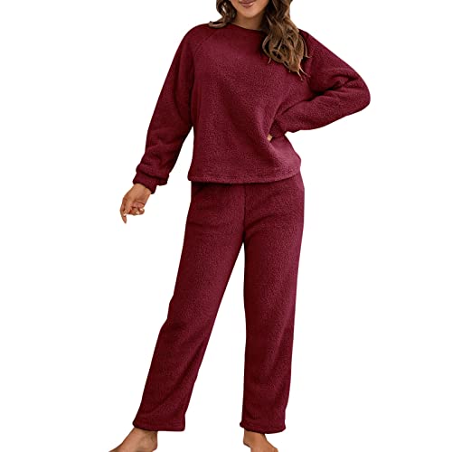 FGUUTYM Pyjama Damen lang Langarm Pyjama Set Warm Zweiteiler Fleece Nachtwäsche Plüsch Schlafanzug Mädchen Herbst Dicken Warm Rundhals Sleepwear Schlafanzüge Hose Langarm Shirt und Pyjamahose 2 Stück von FGUUTYM