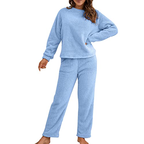 FGUUTYM Pyjama Damen lang Langarm Pyjama Set Warm Zweiteiler Fleece Nachtwäsche Plüsch Schlafanzug Mädchen Herbst Dicken Warm Rundhals Sleepwear Schlafanzüge Hose Langarm Shirt und Pyjamahose 2 Stück von FGUUTYM