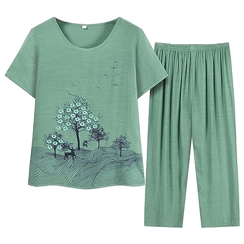 FGUUTYM Pyjama Set Damen Kurz Schlafanzug Zweiteiler Rundhals Shirt Und Elastischer Bund Pyjamahose Nachtwäsche Set Sleepwear Für Sommer Loungewear Nachthemd Baumwolle Hausanzug Xl-4Xl von FGUUTYM