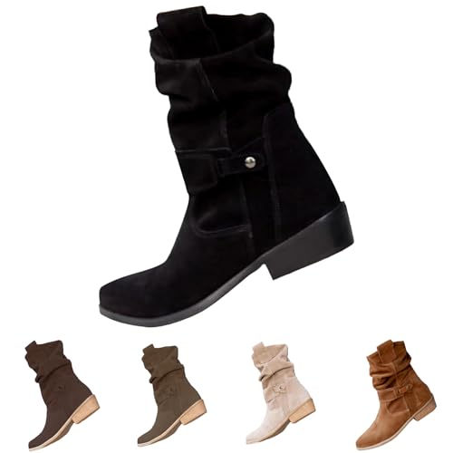 FGUUTYM Stiefeletten Damen, Cowboystiefel Bequeme Wildleder Leicht Elegant Absatz Westernstiefel Rutschfest Hohe Schlupfstiefel Halbstiefel Schlupfschuhe Winterstiefel Niederung Stiefel von FGUUTYM