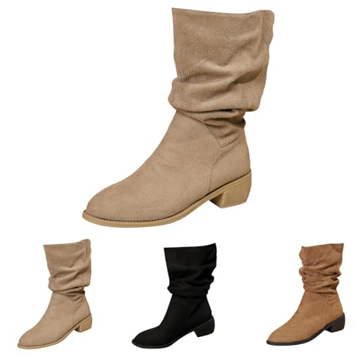 FGUUTYM Stiefeletten Damen, Cowboystiefel Bequeme Wildleder Leicht Elegant Absatz Westernstiefel Rutschfest Hohe Schlupfstiefel Halbstiefel Schlupfschuhe Winterstiefel Niederung Stiefel von FGUUTYM