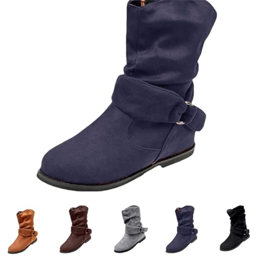 FGUUTYM Stiefeletten Damen, Cowboystiefel Bequeme Wildleder Leicht Elegant Absatz Westernstiefel Rutschfest Hohe Schlupfstiefel Halbstiefel Schlupfschuhe Winterstiefel Niederung Stiefel von FGUUTYM