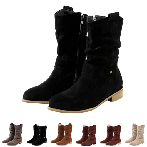 FGUUTYM Stiefeletten Damen, Cowboystiefel Bequeme Wildleder Leicht Elegant Absatz Westernstiefel Rutschfest Hohe Schlupfstiefel Halbstiefel Schlupfschuhe Winterstiefel Niederung Stiefel von FGUUTYM