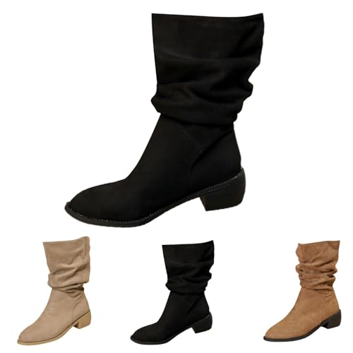 FGUUTYM Stiefeletten Damen, Cowboystiefel Bequeme Wildleder Leicht Elegant Absatz Westernstiefel Rutschfest Hohe Schlupfstiefel Halbstiefel Schlupfschuhe Winterstiefel Niederung Stiefel von FGUUTYM