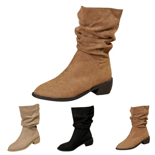 FGUUTYM Stiefeletten Damen, Cowboystiefel Bequeme Wildleder Leicht Elegant Absatz Westernstiefel Rutschfest Hohe Schlupfstiefel Halbstiefel Schlupfschuhe Winterstiefel Niederung Stiefel von FGUUTYM
