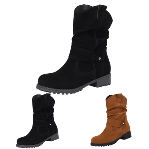 FGUUTYM Stiefeletten Damen, Cowboystiefel Bequeme Wildleder Leicht Elegant Absatz Westernstiefel Rutschfest Hohe Schlupfstiefel Halbstiefel Schlupfschuhe Winterstiefel Niederung Stiefel von FGUUTYM