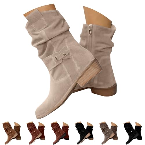 FGUUTYM Stiefeletten Damen Elegant, Wildleder Cowboystiefel mit Lockerer Rüschen Leicht Elegant Westernstiefel Cowboystiefel Damen Halbhohe Bequeme Ankle Boots Herbst Winter Halbstiefel Kurzstiefel von FGUUTYM