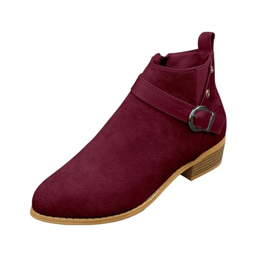 FGUUTYM Stiefeletten Damen Klassisch Halbstiefel Kurzschaft Lederstiefel Ankle Boots Halbhoch Westernstiefel Mit Blockabsatz Damenstiefel Schnalle Wasserdicht Übergangsstiefel Schlupfstiefel von FGUUTYM