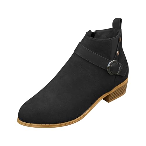 FGUUTYM Stiefeletten Damen Klassisch Halbstiefel Kurzschaft Lederstiefel Ankle Boots Halbhoch Westernstiefel Mit Blockabsatz Damenstiefel Schnalle Wasserdicht Übergangsstiefel Schlupfstiefel von FGUUTYM