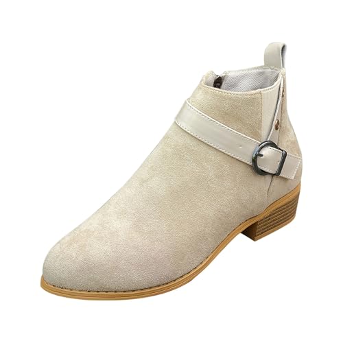 FGUUTYM Stiefeletten Damen Klassisch Halbstiefel Kurzschaft Lederstiefel Ankle Boots Halbhoch Westernstiefel Mit Blockabsatz Damenstiefel Schnalle Wasserdicht Übergangsstiefel Schlupfstiefel von FGUUTYM