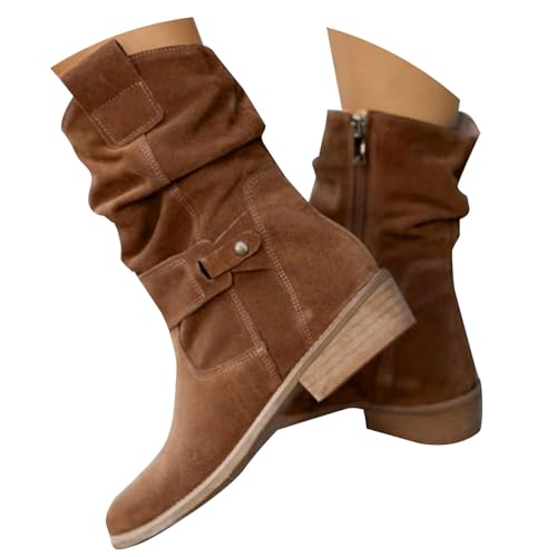FGUUTYM Stiefeletten Damen Wildleder Cowboystiefel Leder Winterstiefel Einfarbige Cowboy Halbstiefel Absatz Ankle Boots Leicht Elegant Westernstiefel Classic Festivals Herbst Winter Damenstiefel von FGUUTYM