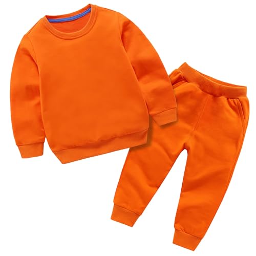 FGUUTYM Sweatshirt-Set für und Mädchen, einfarbig, Baumwolle, langärmelig, Rundhalsausschnitt Jogginganzug Set (Orange, 6-7 Years) von FGUUTYM