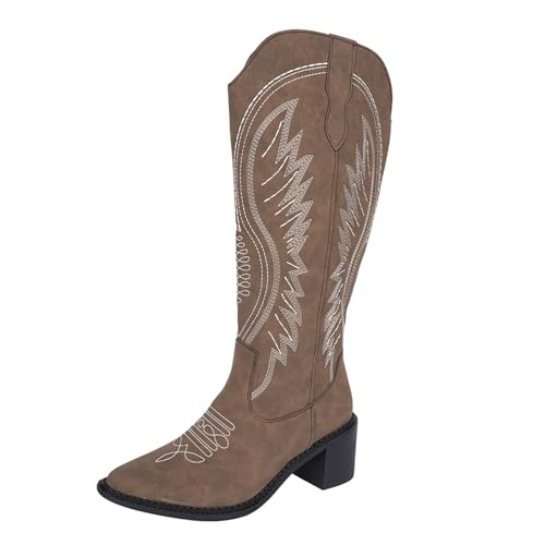 FGUUTYM Western Trachtenstiefel Damen Stiefeletten Mit Dicke Absätze Leder Halbhohe Westernstiefel Cowboy Herbst Langschaft Stiefel Reitstiefeletten Übergangsstiefel Wadenstiefel von FGUUTYM