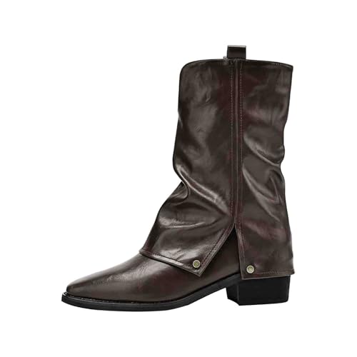FGUUTYM Westernstiefel Cowboystiefel Leder Reiter Halbstiefel Mit Blockabsatz Stiefeletten Damen Mit Absatz Spitzer Zehenpartie Boots Kurzschaft Lederstiefel Umklappbar Schlupfstiefel Trachtenstiefel von FGUUTYM