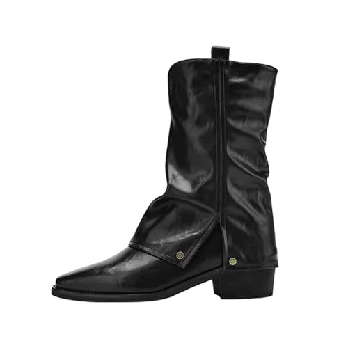 FGUUTYM Westernstiefel Cowboystiefel Leder Reiter Halbstiefel Mit Blockabsatz Stiefeletten Damen Mit Absatz Spitzer Zehenpartie Boots Kurzschaft Lederstiefel Umklappbar Schlupfstiefel Trachtenstiefel von FGUUTYM