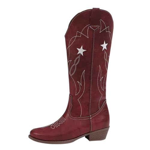FGUUTYM Westernstiefel Damen, Mittlerer Wade Cowboystiefel Spitzer Zehenbereich Stiefelette Cowboy Stiefel Vintage Leder Halbstiefel Mit Blockabsatz Trachtenstiefel Damenstiefel Übergangsstiefel von FGUUTYM