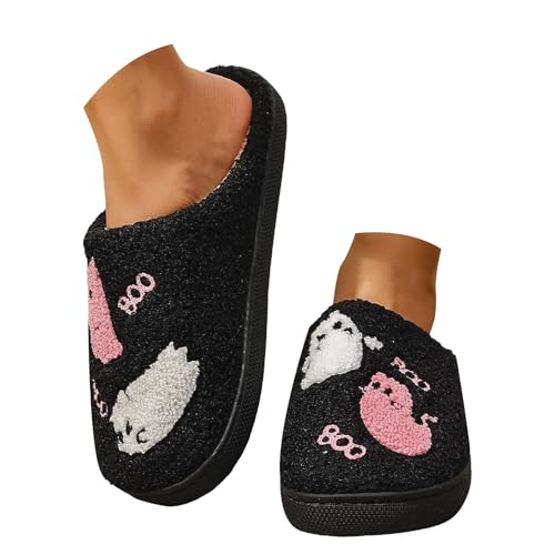 Halloween Hausschuhe Plüsch Winter Pantoffeln Mit Fussbett Kuschel Plüsch Bedruckte Pantoletten Warme Flauschige Hauspantoffeln Schlupfschuhe Gefüttert Fluffy Warm Slippers Slip on Schlappen von FGUUTYM