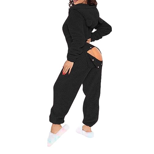 Hausanzug Damen Kuschelig - Schlafanzug Warm Fleece Pyjama Plüsch Overall Flauschig Jumpsuit Mit Öhrchen Kapuze Tiere Einteiler Winter Overalls Onesie Lang Schlafoverall Erwachsene Ganzkörperanzug von FGUUTYM