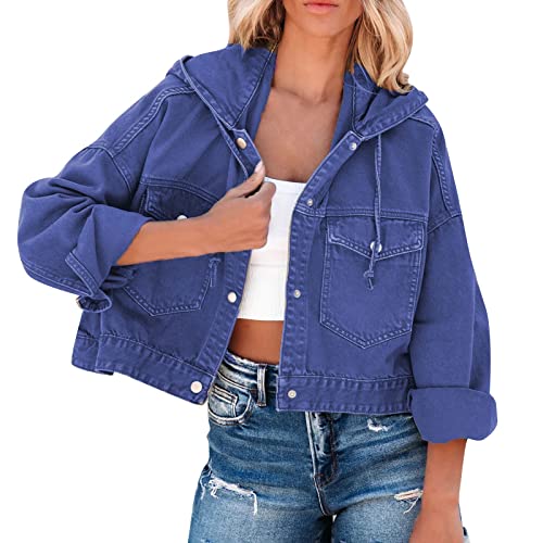 Jeansjacke Damen Jeanshemd Button Down Jeansbluse Mit Kapuze Jeansjacken Denim Kapuzenjacke Übergangsjacke Dünne Leicht Sommerjacke Jeans Hemdjacke Freizeitjacke Frühlingsjacke Herbst Trenchcoat von FGUUTYM