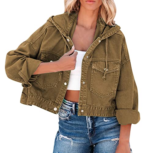 Jeansjacke Damen Jeanshemd Button Down Jeansbluse Mit Kapuze Jeansjacken Denim Kapuzenjacke Übergangsjacke Dünne Leicht Sommerjacke Jeans Hemdjacke Freizeitjacke Frühlingsjacke Herbst Trenchcoat von FGUUTYM