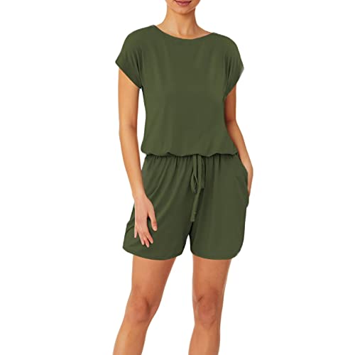 Jumpsuit Damen Kurz - Kurzarm Sommer Overall Einfarbig Stretch Playsuit Mit Taschen Locker Hausanzug Rundhals Hosenanzug Einteiler Onesie Schlafanzug Pyjama Set Strand Romper Für Urlaub Reisen von FGUUTYM