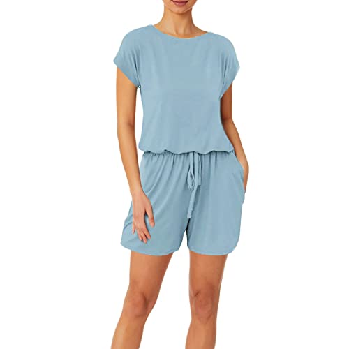 Jumpsuit Damen Kurz - Kurzarm Sommer Overall Einfarbig Stretch Playsuit Mit Taschen Locker Hausanzug Rundhals Hosenanzug Einteiler Onesie Schlafanzug Pyjama Set Strand Romper Für Urlaub Reisen von FGUUTYM