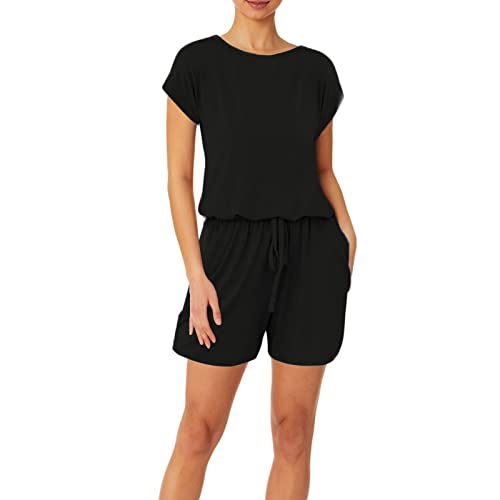 Jumpsuit Damen Kurz - Kurzarm Sommer Overall Einfarbig Stretch Playsuit Mit Taschen Locker Hausanzug Rundhals Hosenanzug Einteiler Onesie Schlafanzug Pyjama Set Strand Romper Für Urlaub Reisen von FGUUTYM