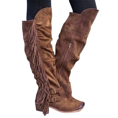 Overknees Stiefel Damen Cowboystiefel Mit Franse Westernstiefel Wildleder Damenstiefel Motorradstiefel Kniehohe Stiefel Reitstiefel Schlupfstiefel Langschaftstiefel Arbeit Winterstiefel Winterboots von FGUUTYM