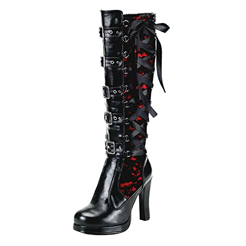 Overknees Stiefel Damen Vintage Gothic Stiefel Mit Schnallen Schnürstiefel High Heels Stiefel Rubber Kniehohe Stiefel Damenstiefel Reißverschluss Langschaftstiefel Schlupfstiefel Reitstiefel Gr.35-43 von FGUUTYM