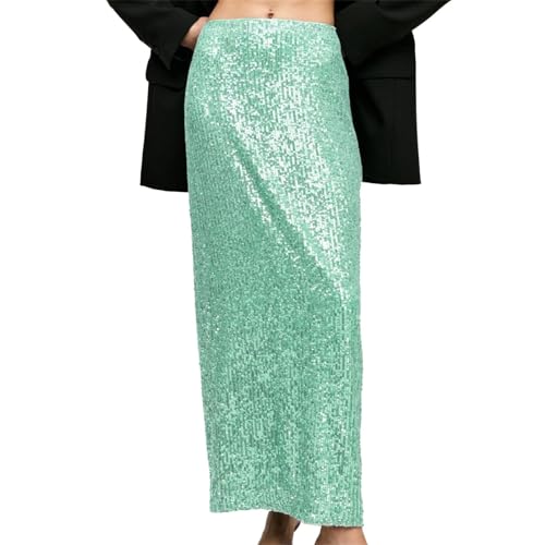 Pailletten Rock Lang Rock Mit Schlitz, Glitzer Rock Für Damen Partykleid Cocktailkleid Karneval Kostüm Damen Shining Kleid Elegant A-Linie Midi Rock Kleid Damen Elegant Glitzer Kostüm Karneval von FGUUTYM