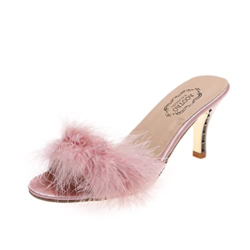 Sandalen Damen Strass Pantoletten Sommer Sandaletten Glitzer Pumps Schuhe Pantolette Elegante Damensandalen Stilettoabsatz Abendschuhe Plüsch Peep Toe Schuhe Stöckelschuhe Slide Slippers Sandals Shoes von FGUUTYM